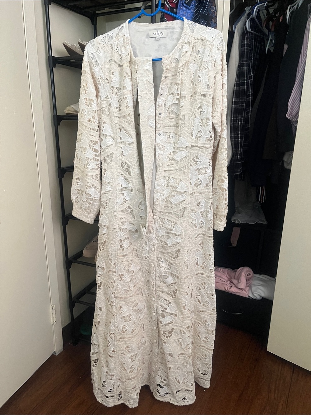 Long Cream Lace Maxi Dress with Button Front